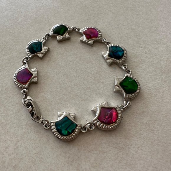 SJ Jewelry - SJ vintage signed stamped silver pink green blue abalone inlay seashell bracelet